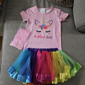 NWOT Pink Unicorn Birthday Girl Shirt with Rainbow Tutu Size 3/4 Years Old